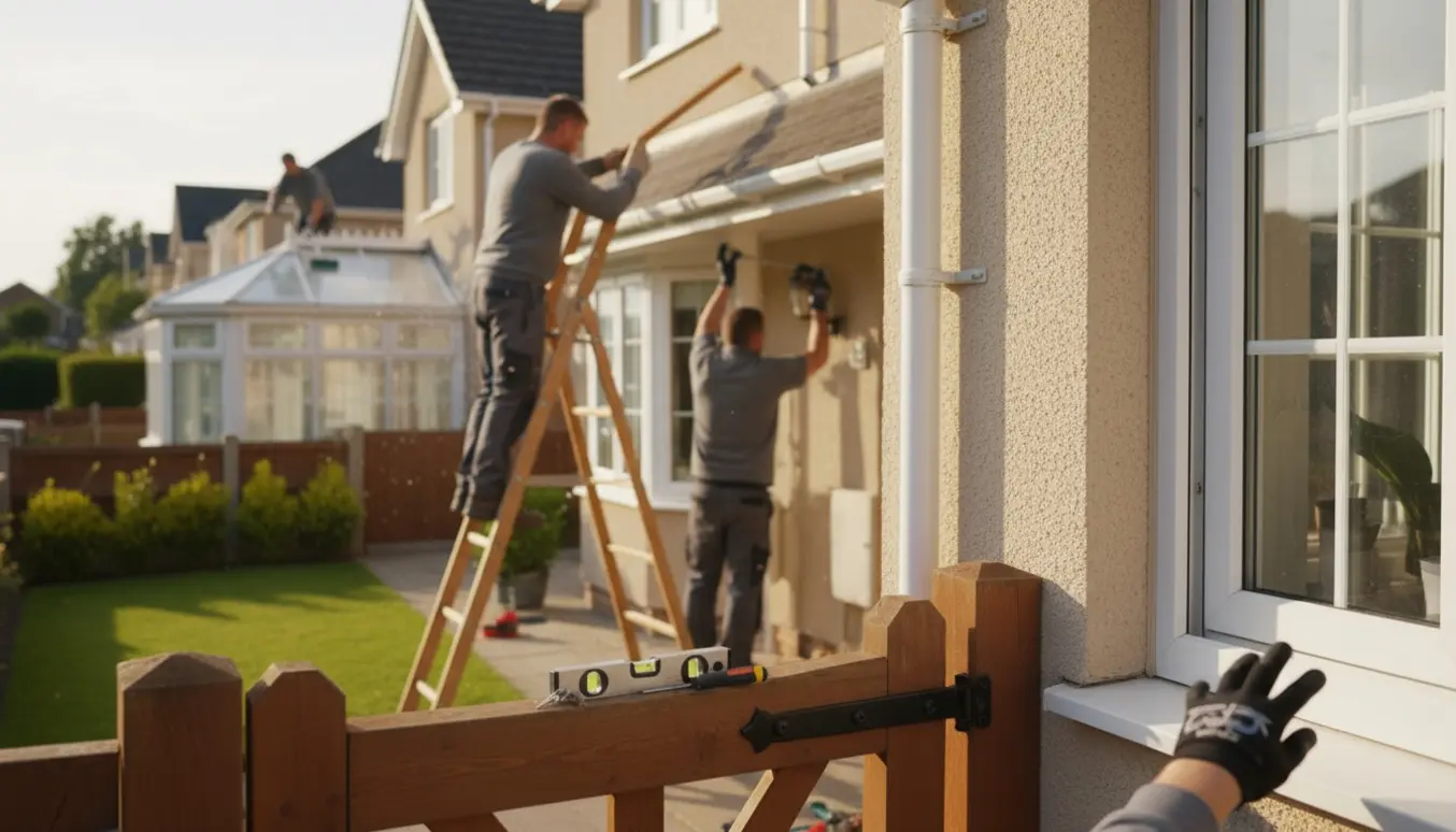 Håndværkere på stige udskifter vindskede, fastgør nedløbsrør, opsætter låge og vasker udestuetag.