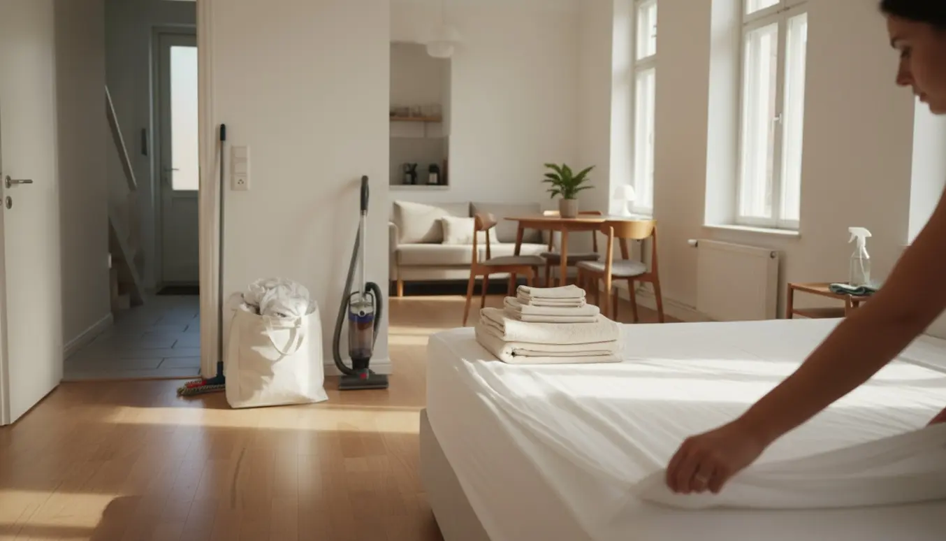 Lyst soveværelse under rengøring med frisklagte lagner og en sæk med brugt sengetøj ved døren.