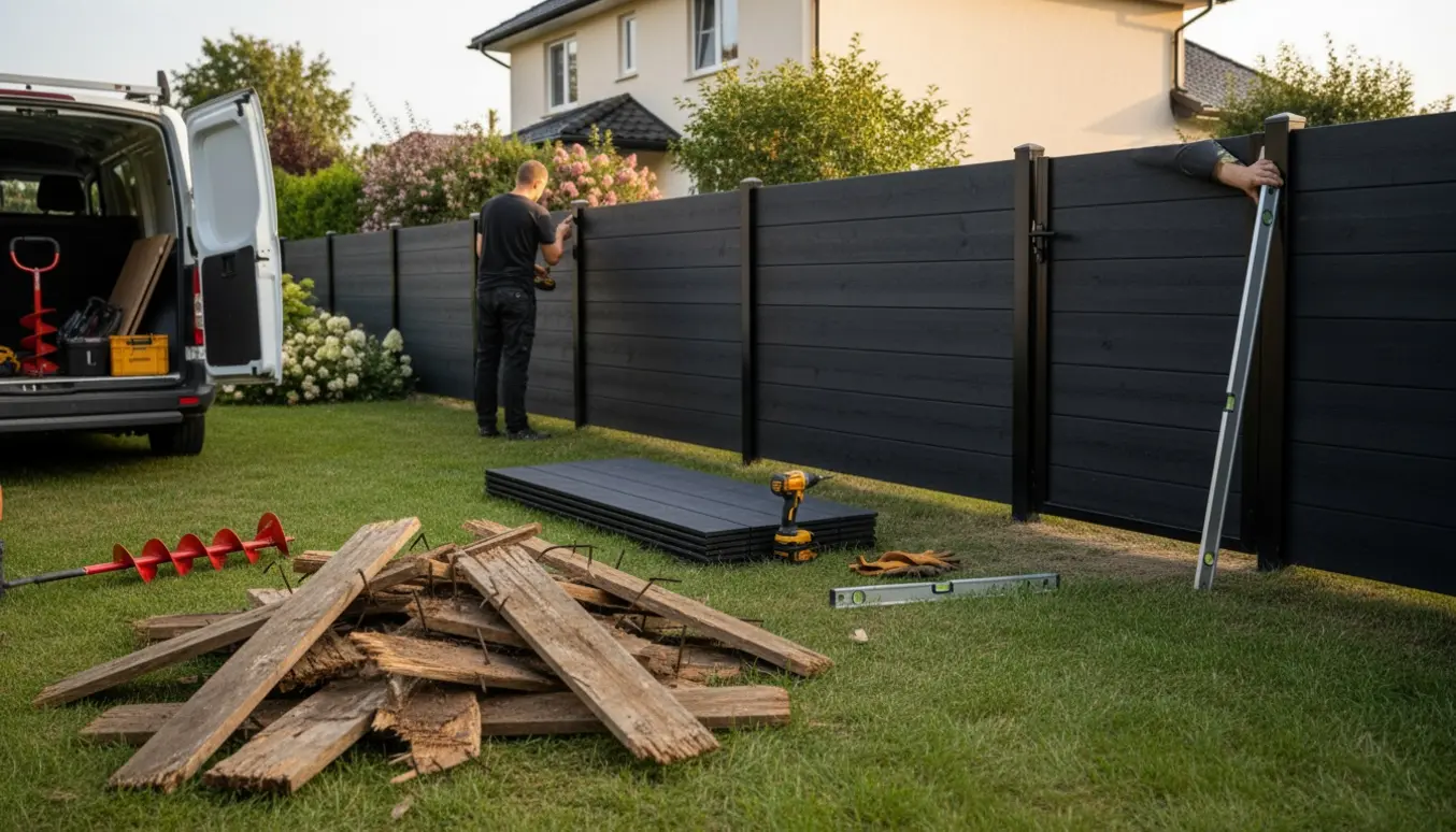 Nyt sort klik-komposithegn monteres med sorte aluminiumssøjler ved et parcelhus, værktøj og gamle træpaneler ligger ved siden af.