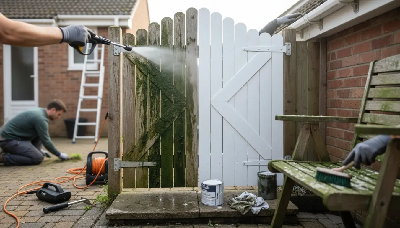 Rækkehushave med en lamelhegnslåge, der renses og males hvid, ukrudt fjernes fra fliser og hække, og nye rendejern monteres på tagrenden.