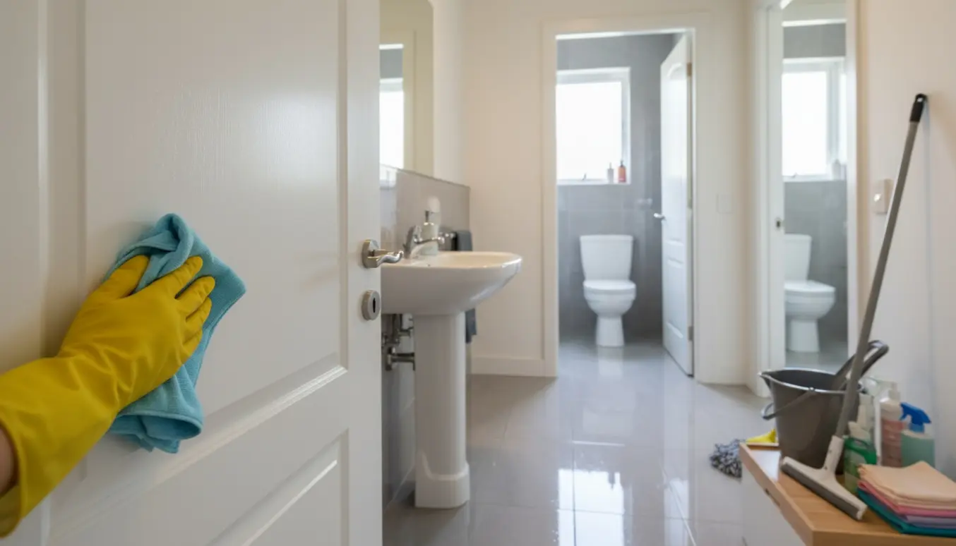 Hænder i gummihandsker tørrer en dør med mikrofiberklud foran tre nyvaskede badeværelser.