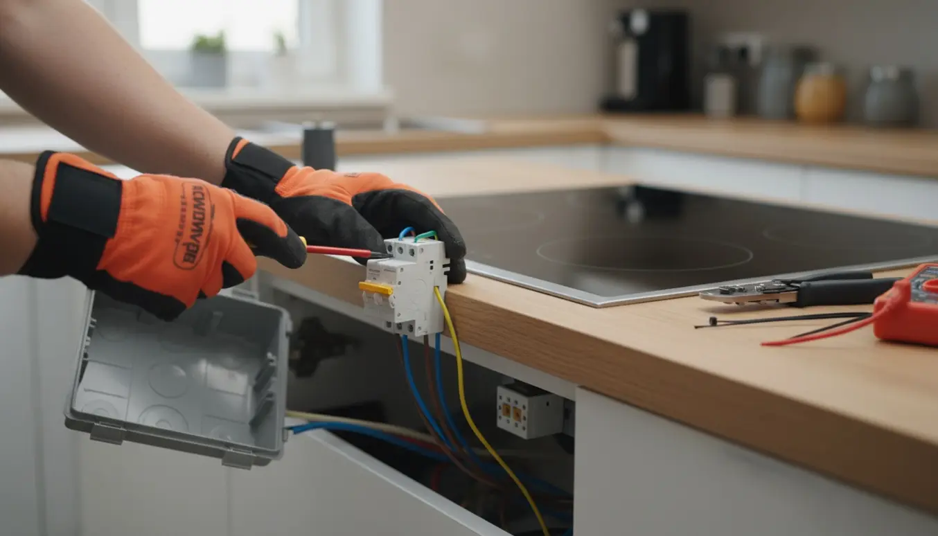 Hænder i isolerede handsker tilslutter ledninger til en ny gruppe ved en indbygningskogeplade i et moderne køkken.