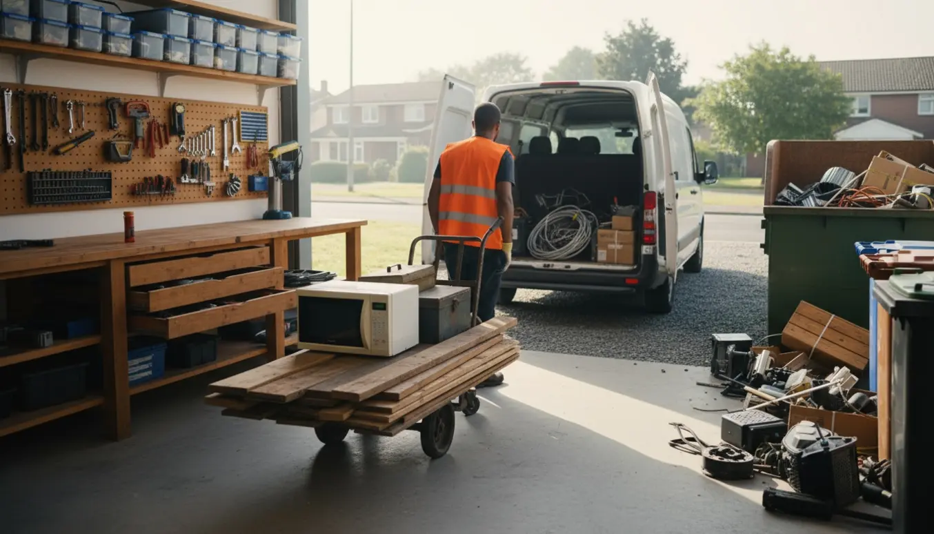 Solbeskinnet værksted med organiseret værktøj og materialer læsset i en varevogn til genbrugspladsen.