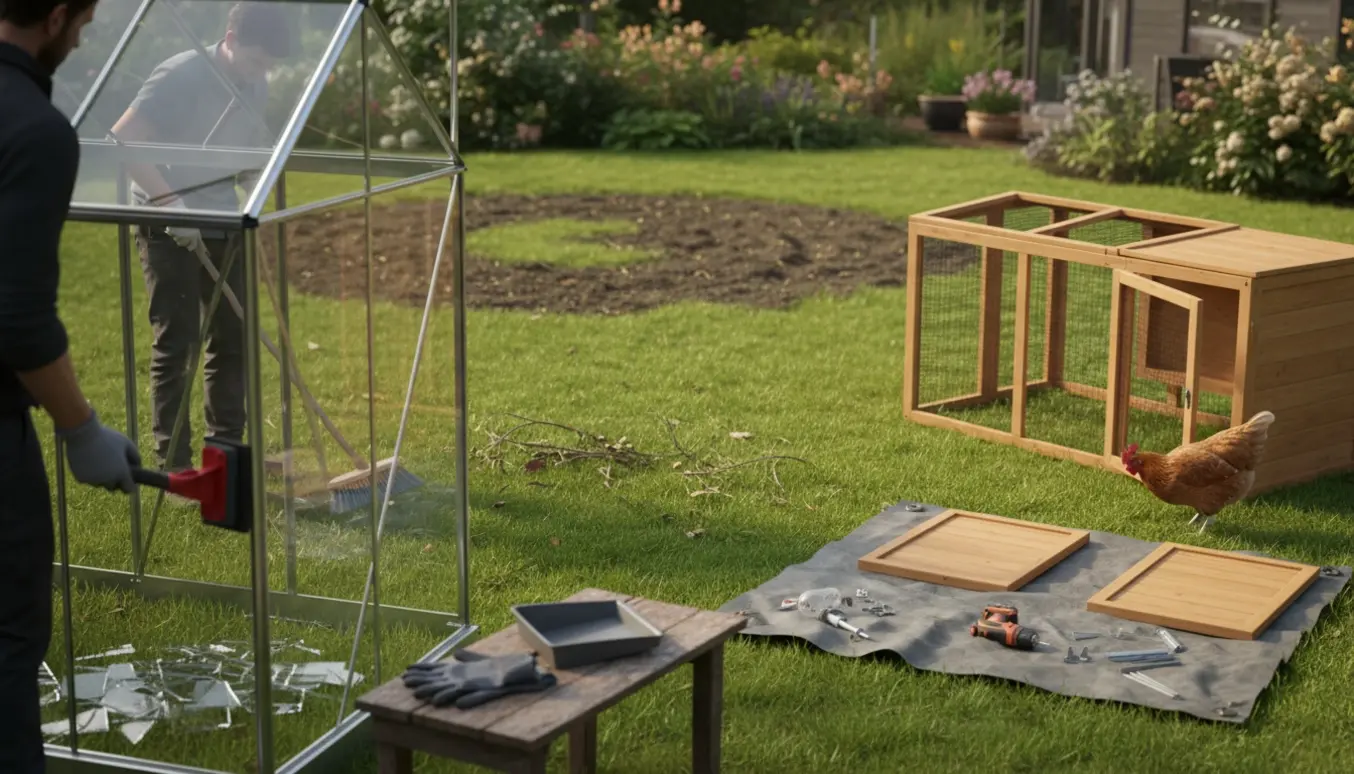 Rydning og reparation i have efter helikopterlanding med montering af drivhusglas og opsætning af hønsehus.