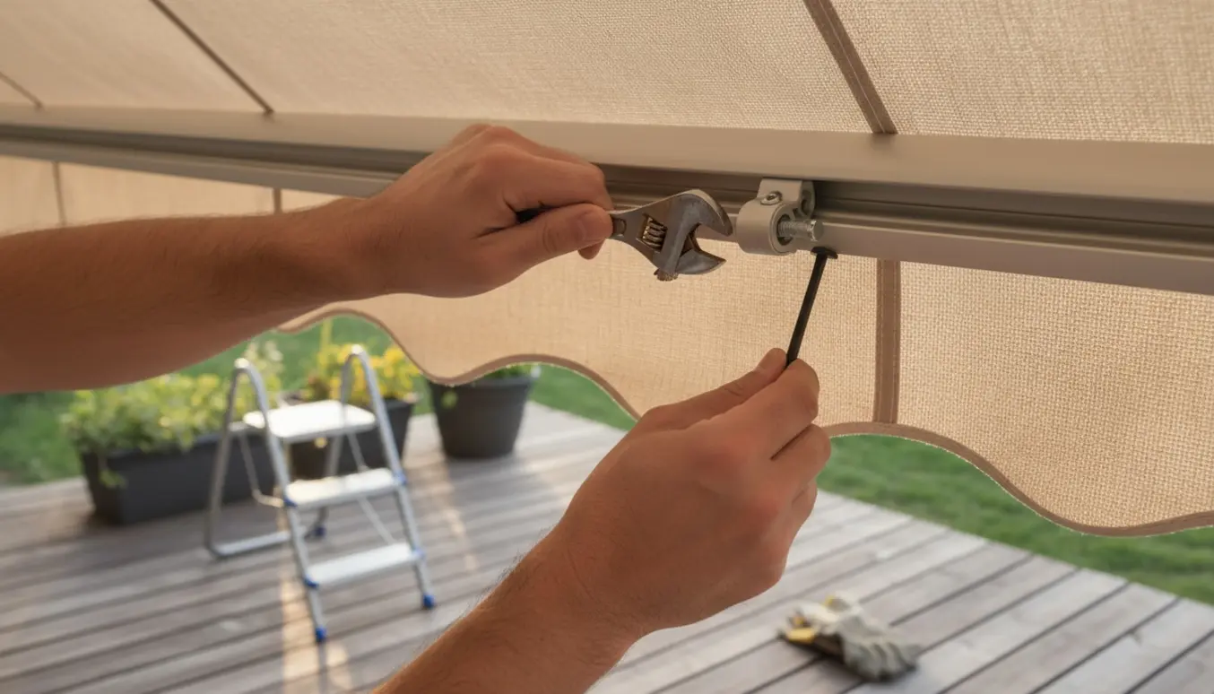 Hænder strammer markisedugen på en terrasse.