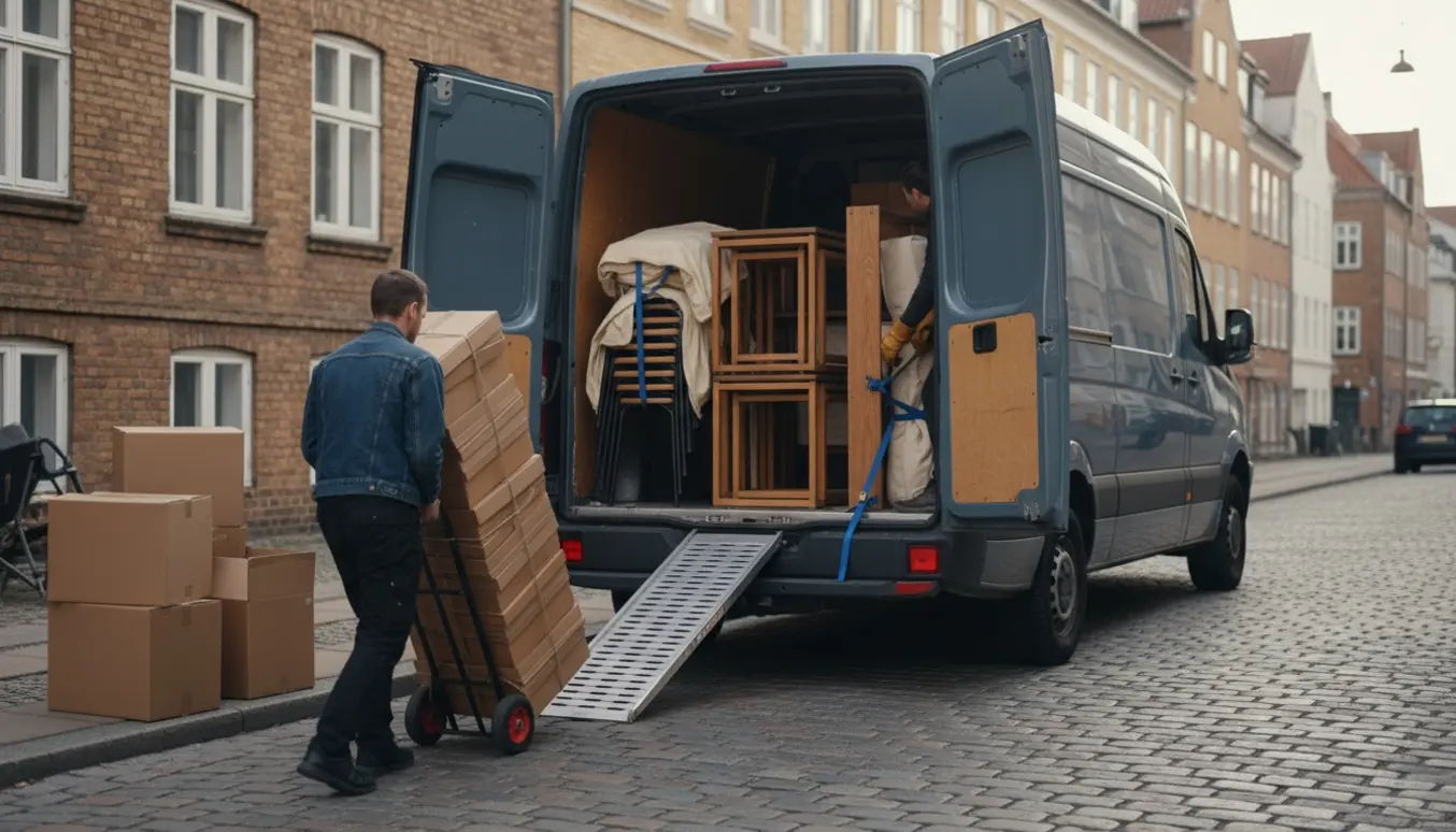 Flyttefolk læsser småmøbler og sammenbundet pap ind i en varevogn på en rolig københavnsk gade.
