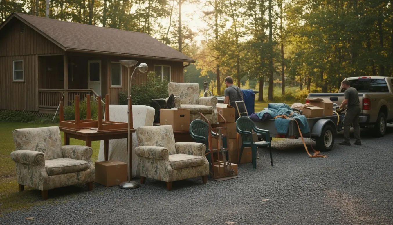 Gamle møbler samlet ved indkørsel til et sommerhus, klar til afhentning og bortkørsel.