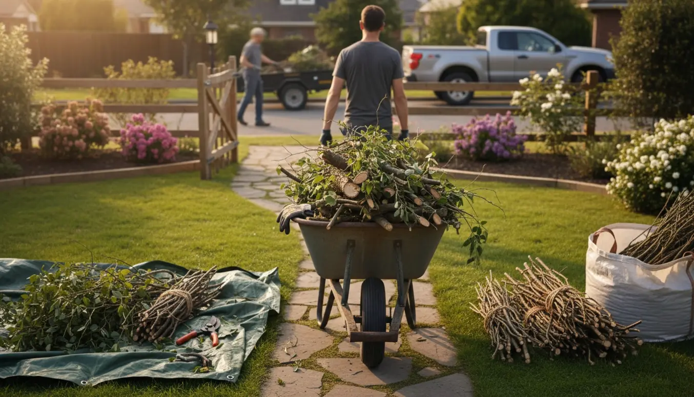 En trillebør fyldt med beskårne grene føres gennem en åben havedør mod en trailer på gaden.