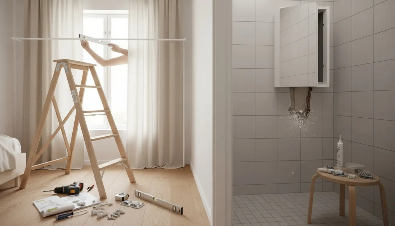 Værktøj og stige foran to halvopsatte gardiner i et soveværelse og et løst spejlskab i badeværelset med ødelagte vægankre.