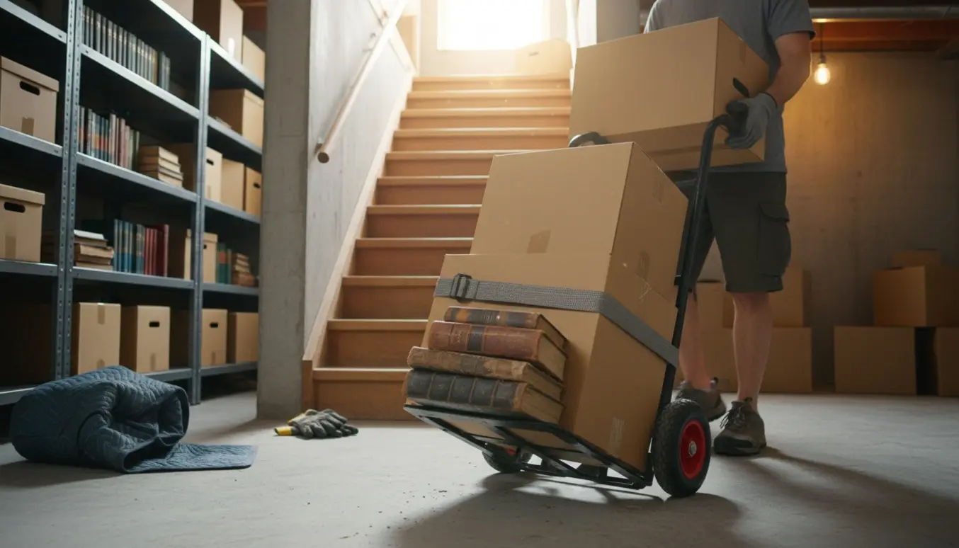 Kasser og tunge bøger flyttes ned ad en trappe til en ryddet kælder med hylder.