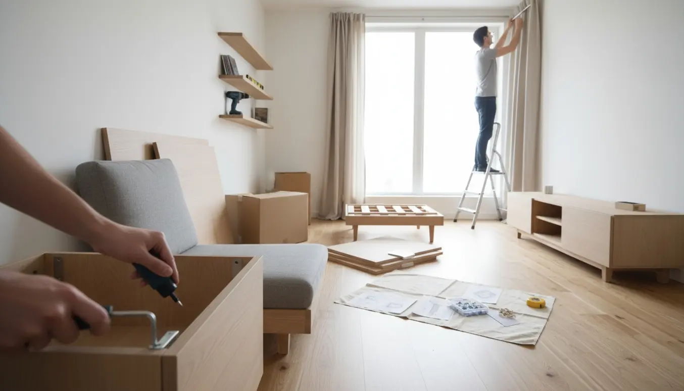 Stue med igangværende samling af fladpakkede møbler, opsætning af gardiner og ophængning af hylder.