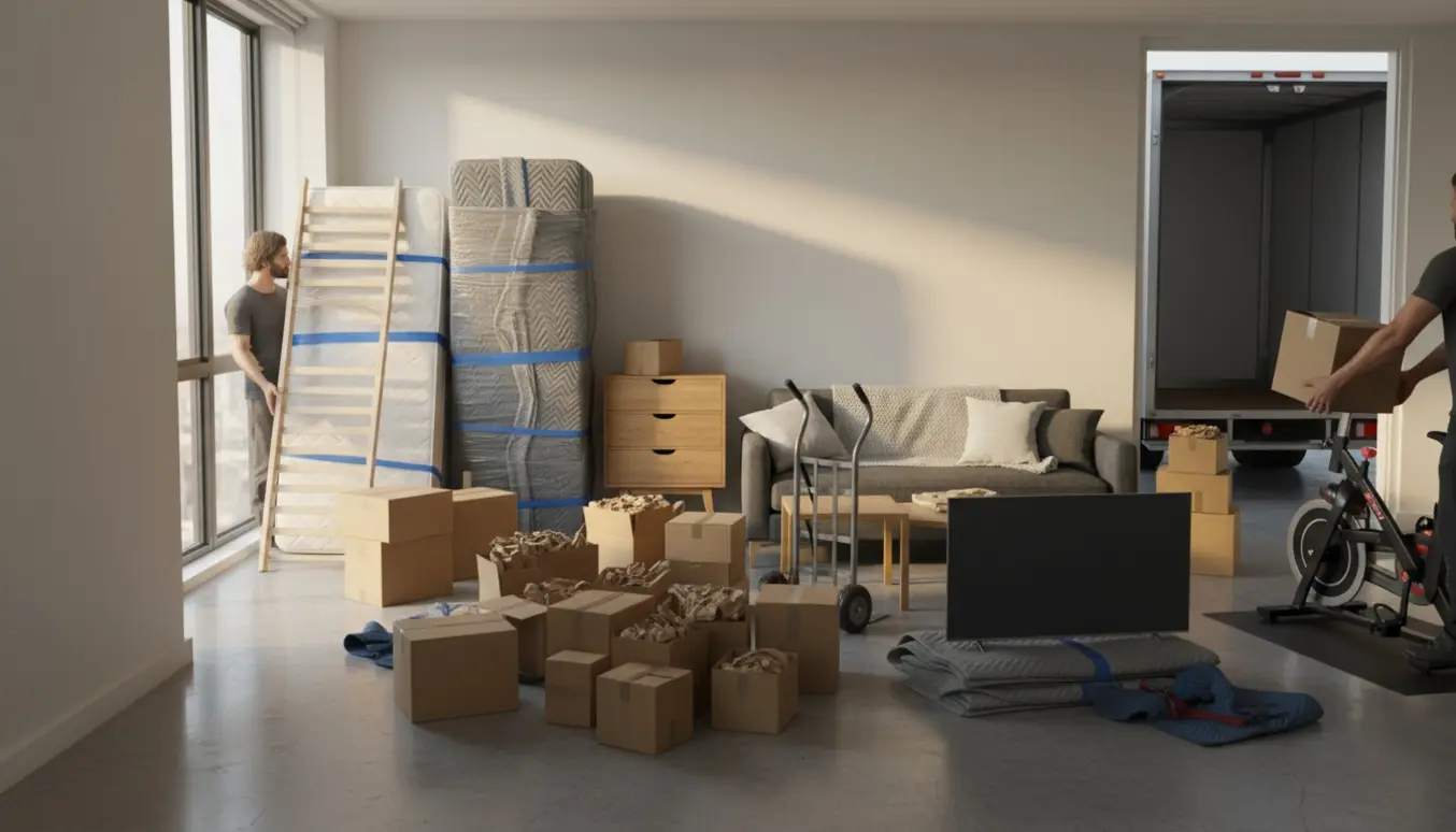 Flyttescene i stue med sofa, garderobeskabe, seng, motionscykel, kommode og stabler af flyttekasser.