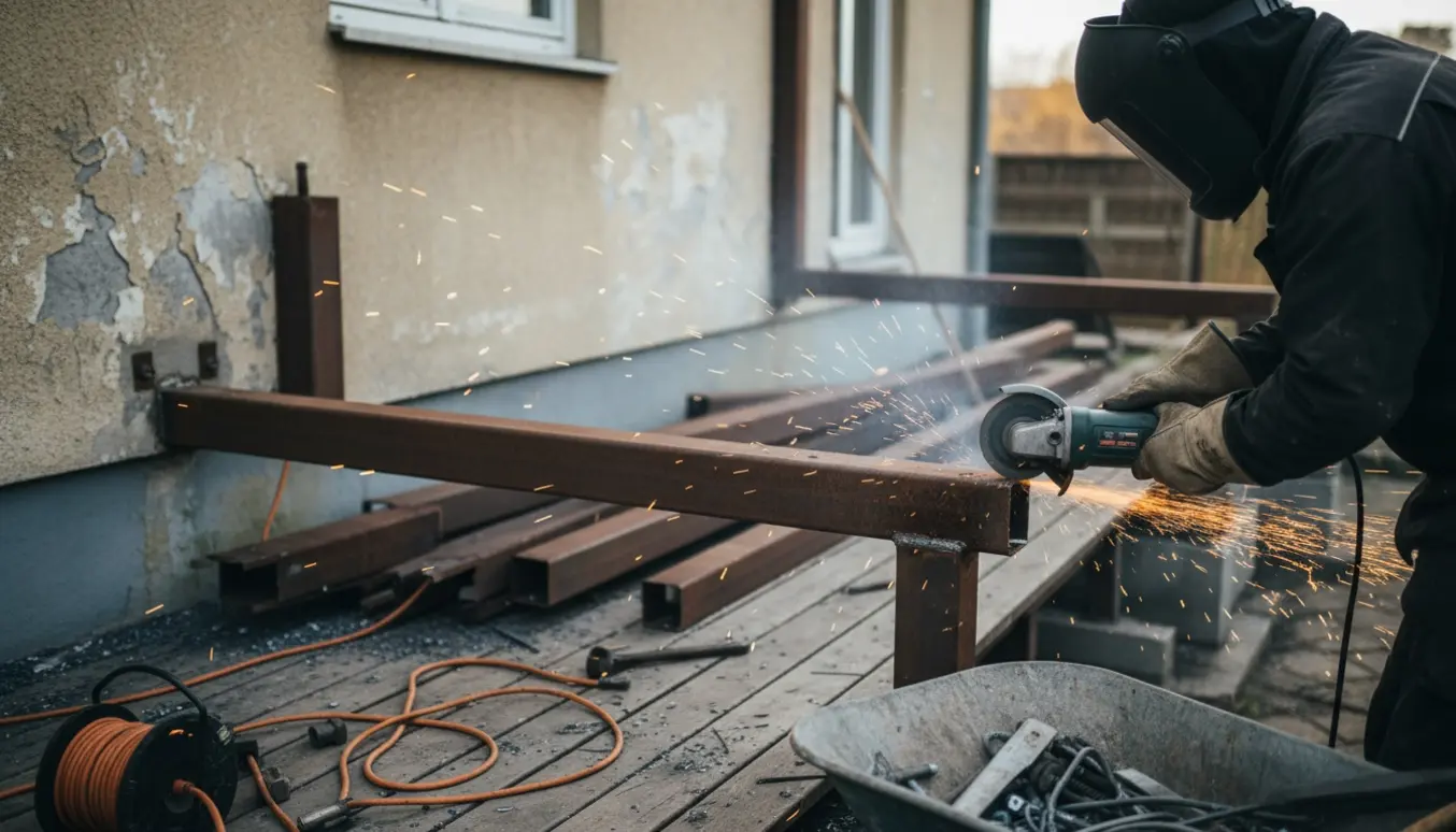 Vinkelsliber skærer i en rusten stålbjælke med gnister, mens afmonterede ståldele og husmuren ses i baggrunden.