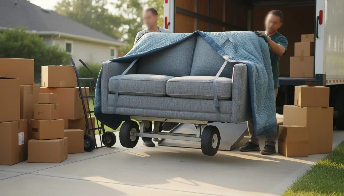Lille to-personers sofa og en stak flyttekasser ved en åben flyttevogn, hænder løfter sofaen ind.