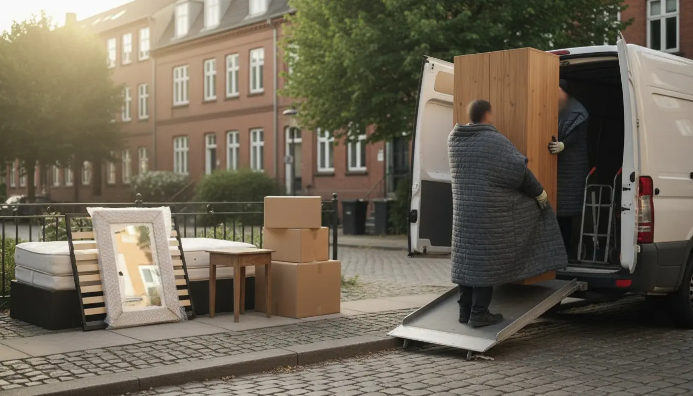 Varevogn på en stille villavej mens flyttefolk (ansigter ikke synlige) læsser et skab, seng, kasser og et indpakket spejl.