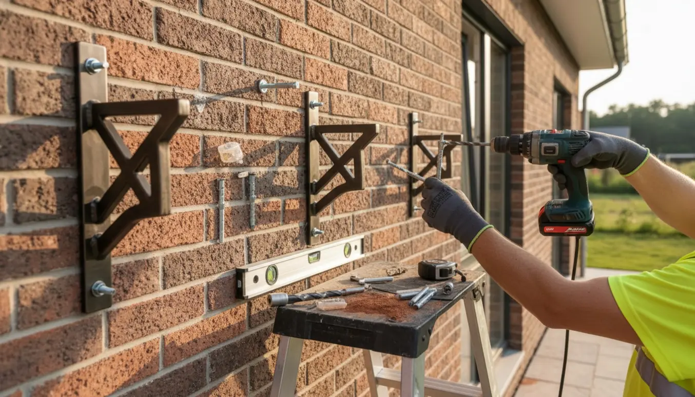 Hænder monterer tre beslag til en 4,5 m markise på en moderne murstensvæg over to vinduer.