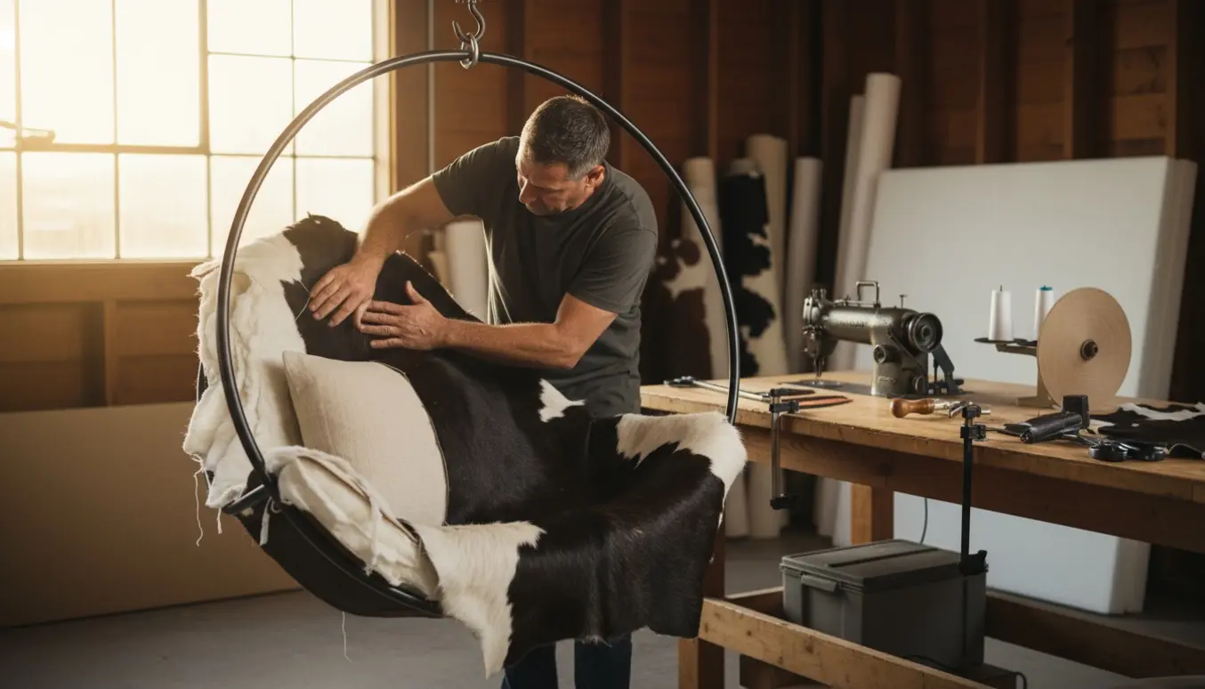 Hænder beklæder en stor hængestol med koskind i et lyst håndværkerværksted.