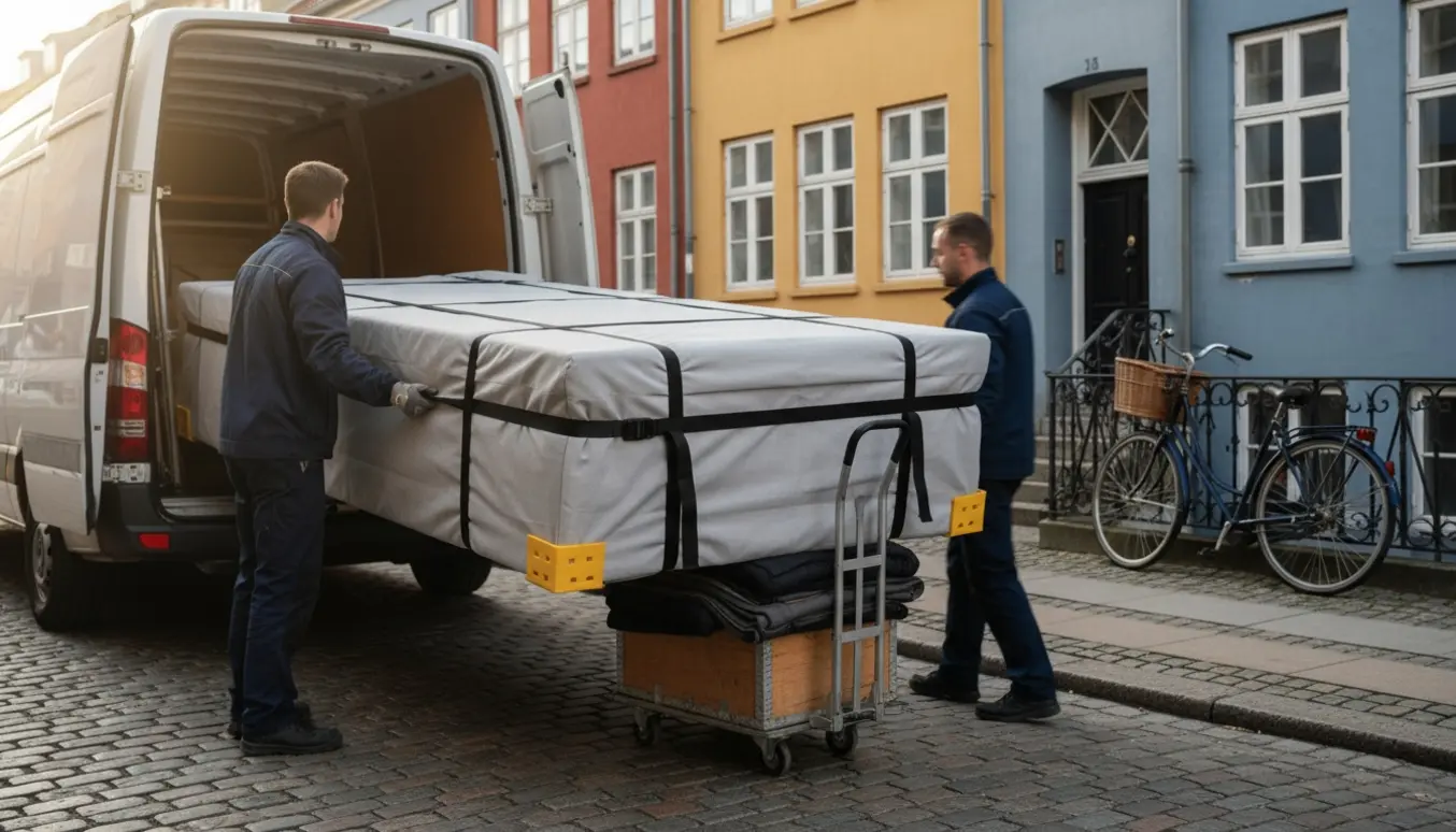 Boxmadras uden ben læsses ind i en flyttevogn på en københavnsk brostensgade.