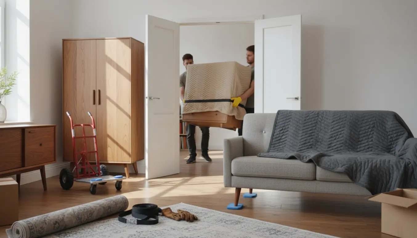 To flyttere bærer en kommode gennem en lys lejlighed, mens skab, skænk og sofa er pakket og klar til flytning.