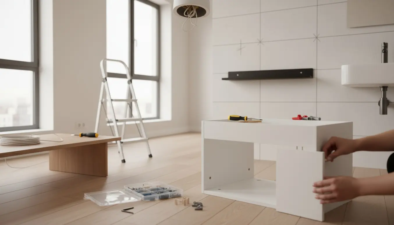 Værktøj, dele og et delvist samlet underskab klar til at hænge lamper og montere en hylde på badeværelset.