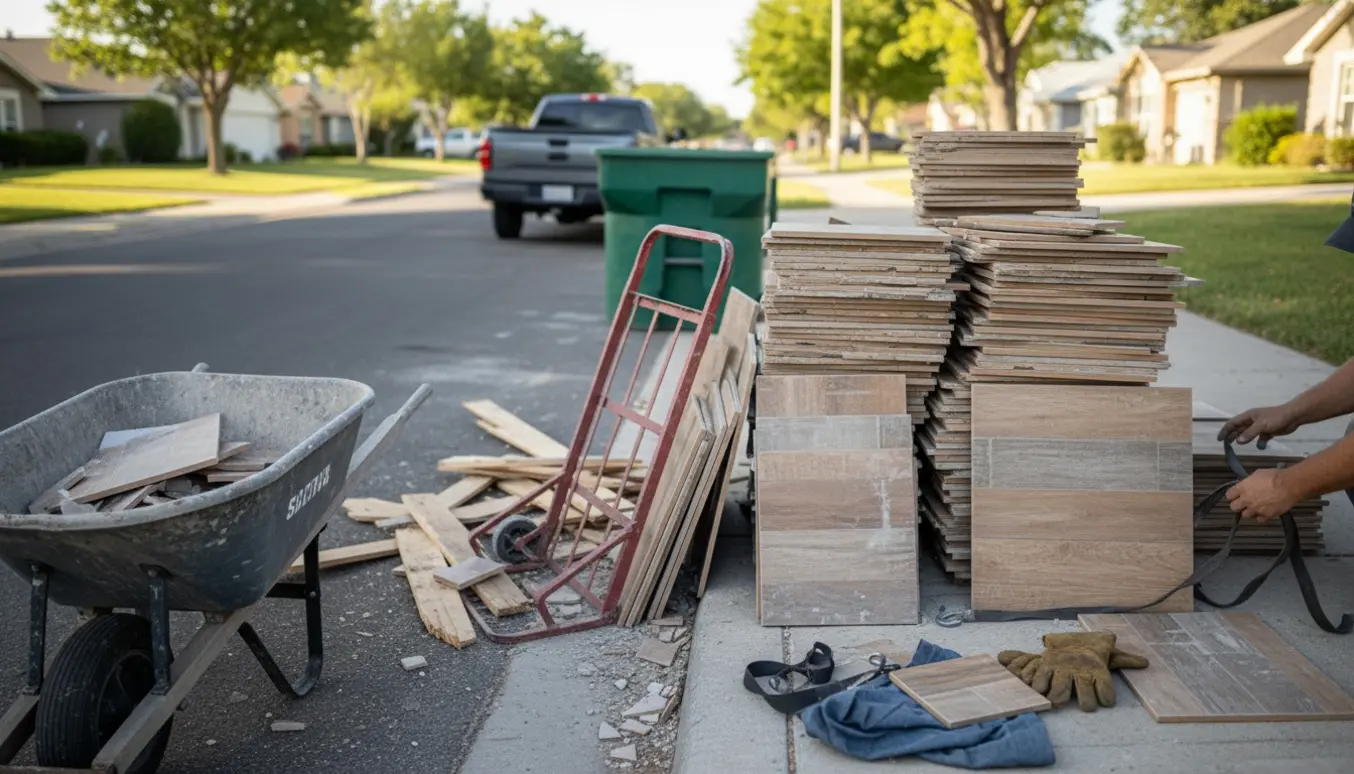 Cirka 2 m³ fliser stablet ved vejkanten klar til bortskaffelse med trillebør, dolly og container ved siden af.