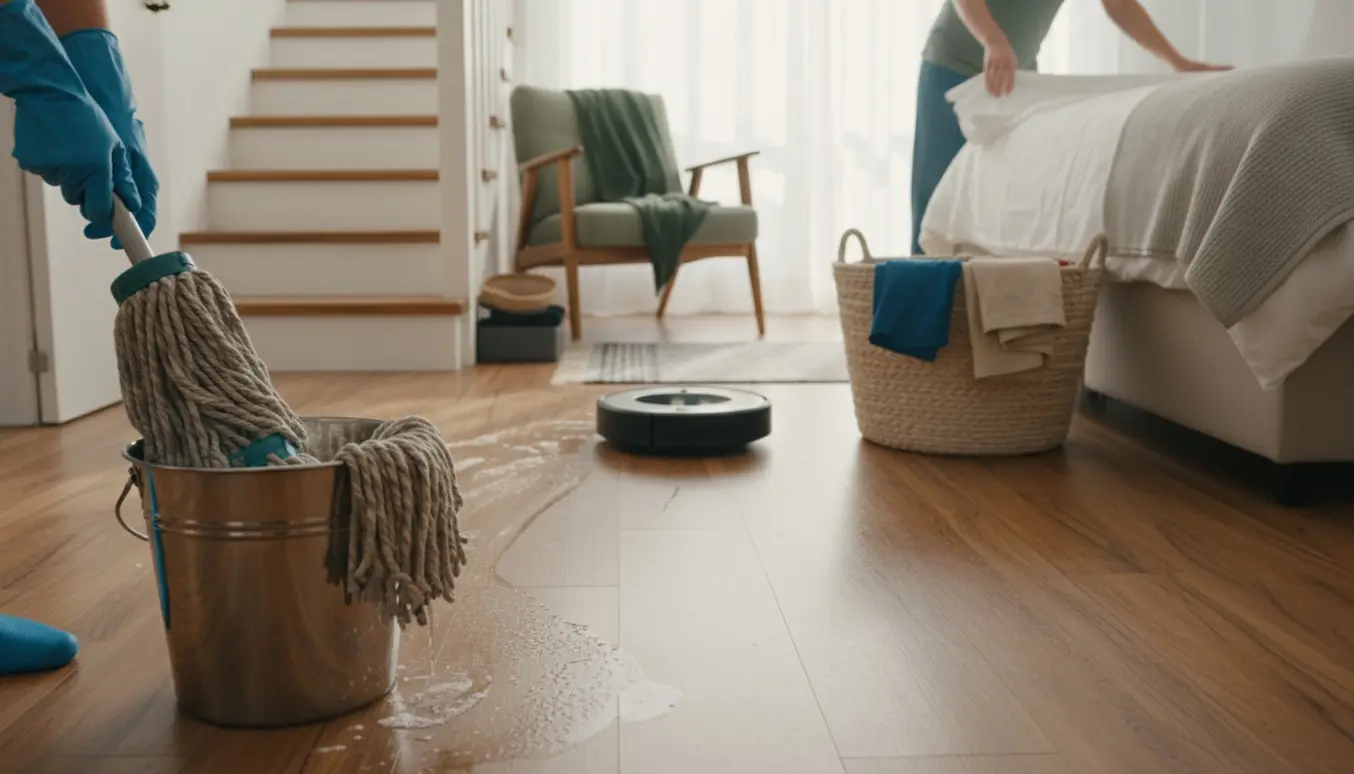 Hænder vasker gulv med moppe, nyopredt seng og foldet vasketøj i et lyst hjem.