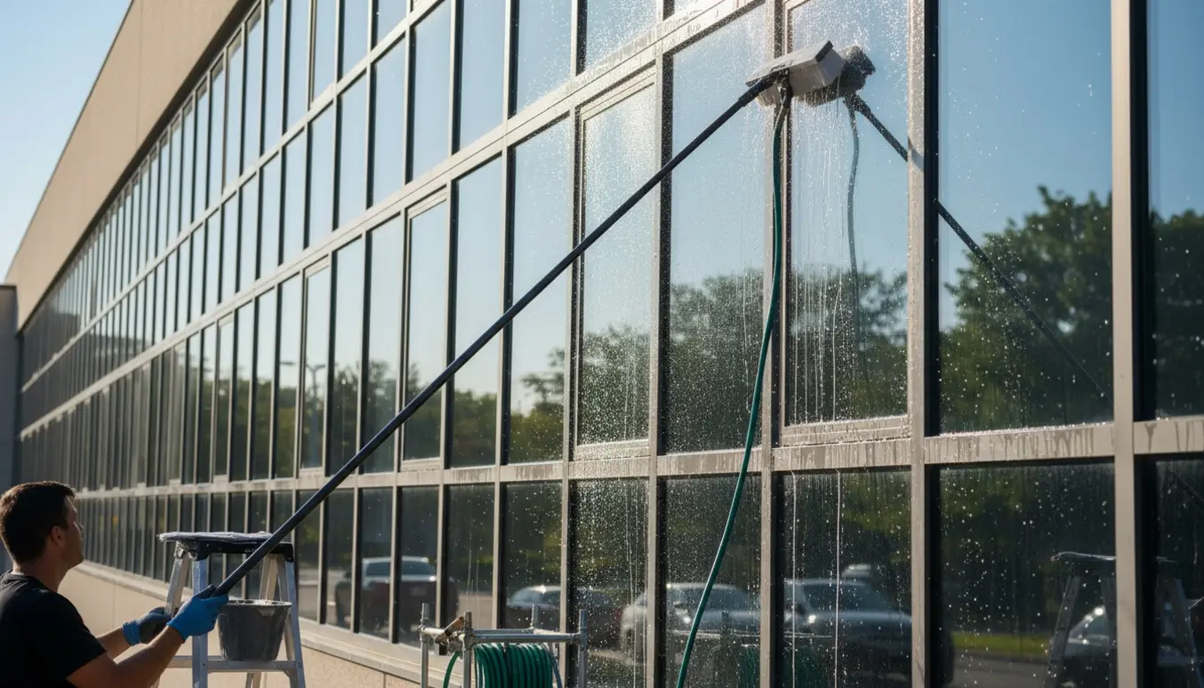 Person pudser udvendige vinduer med teleskopstang foran en stor facade med mange ruder.