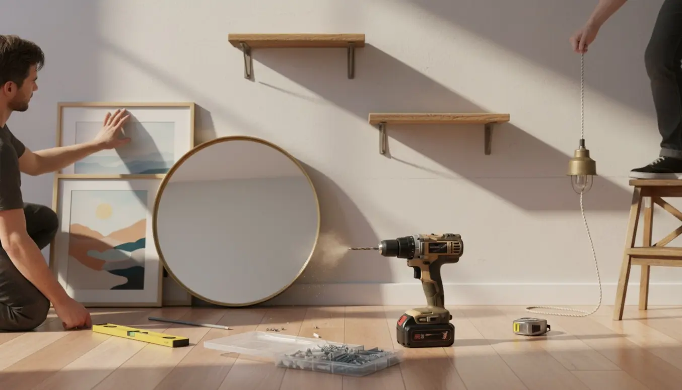 Nærbillede af hænder, der monterer reoler, et spejl, to billeder og en lampe med en boremaskine og skruer ved en væg.