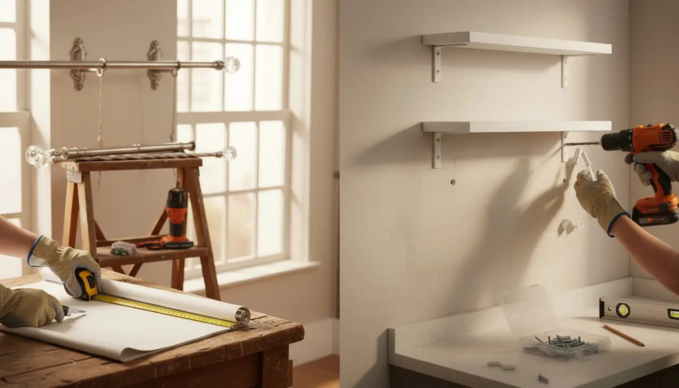 Håndværker monterer gardinstænger ved vinduer og hænger små hylder og kroge op i køkkenet.