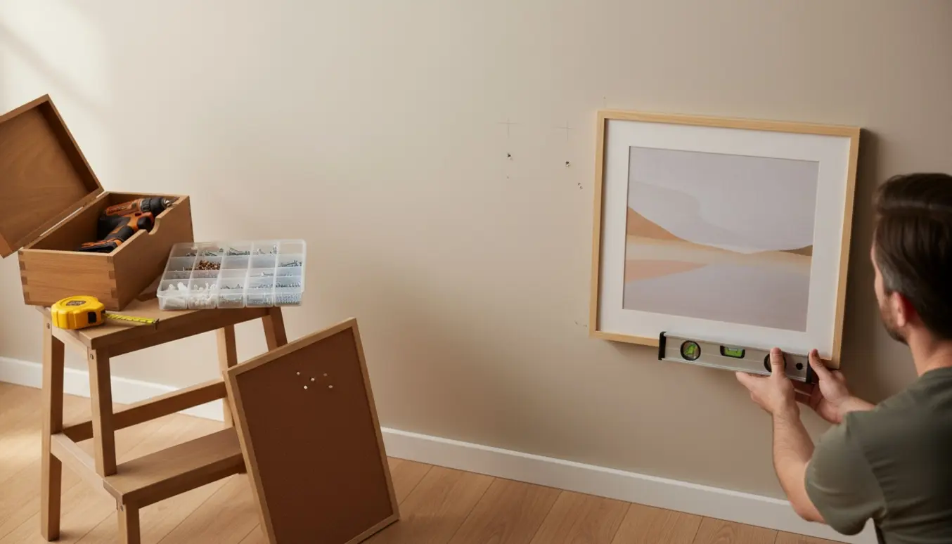 Hænder holder en ramme op mod en væg med værktøj og et tomt hardwarerum der antyder manglende skruer og beslag.