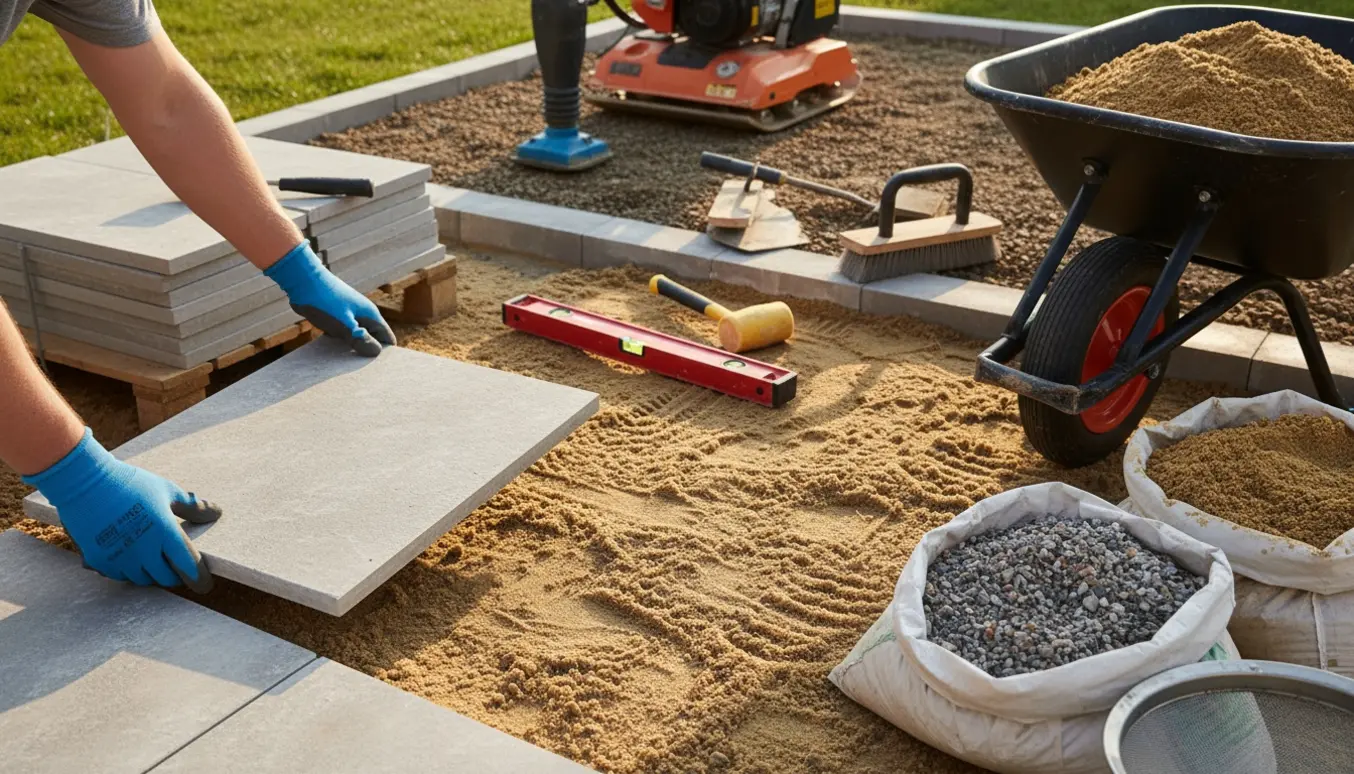 Gloveklædte hænder lægger fliser på afretningsgrus ved en terrasse med betonkant og værktøj i baggrunden.