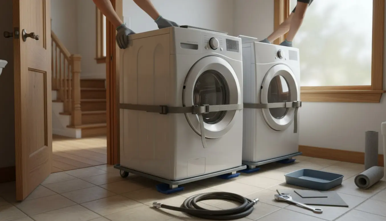 Vaskemaskine og tørretumbler flyttes forsigtigt i et lyst badeværelse med håndtruck og beskyttelsesudstyr.