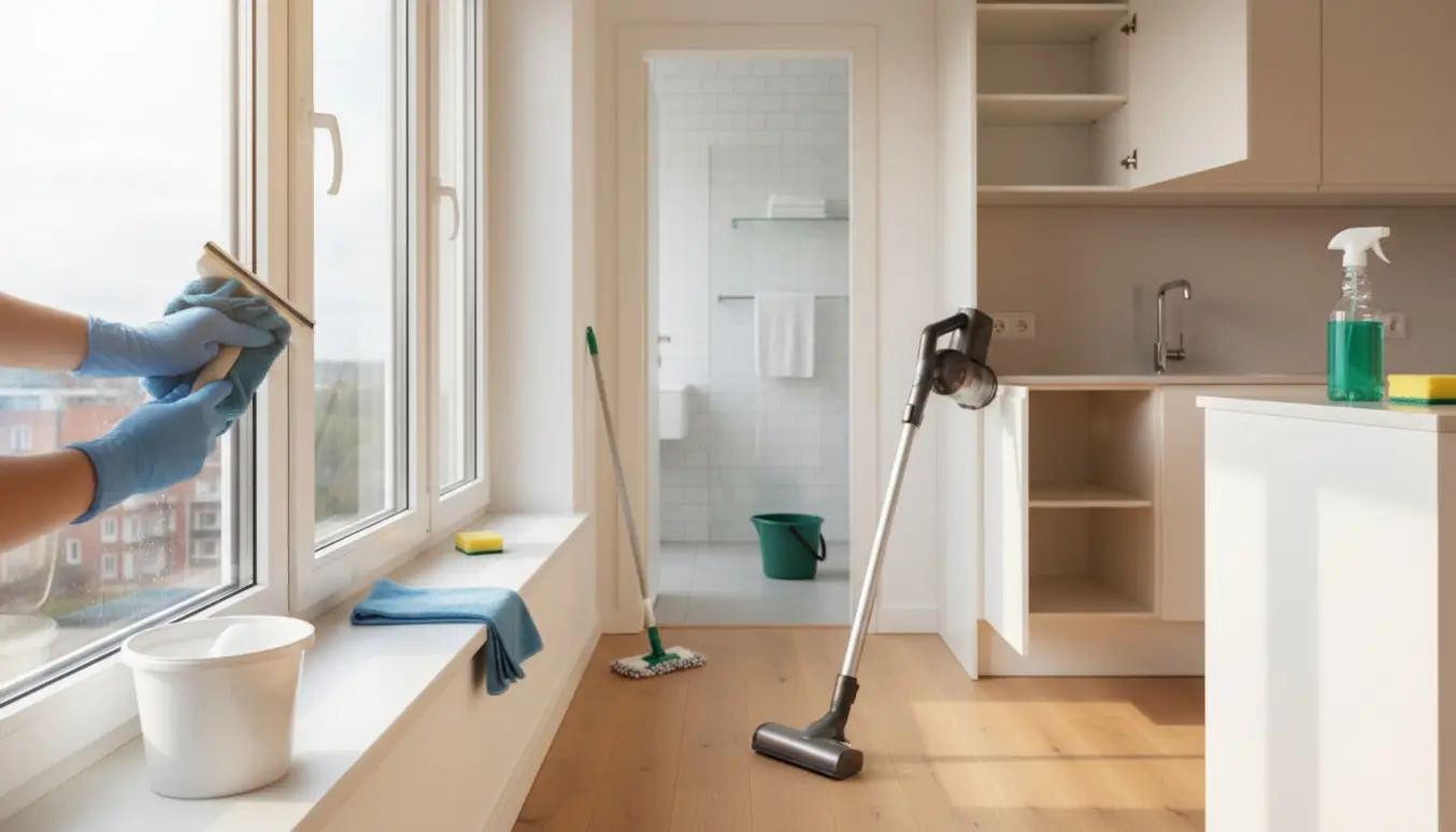 Hovedrengøring i en lys lejlighed med hænder der pudser vindue, støvsuger og mop på nyvaskede gulve og åbne, rene køkkenskabe.