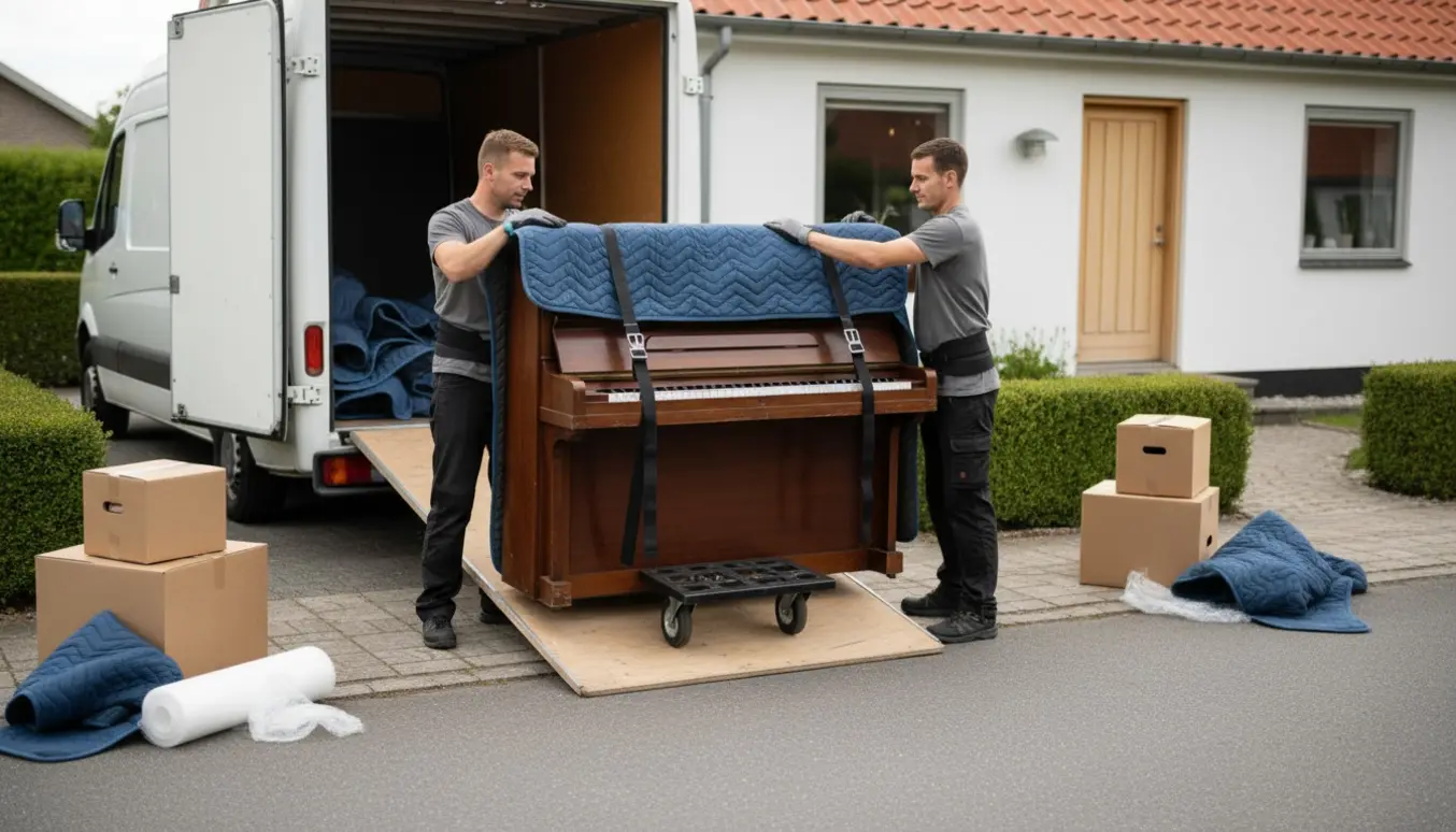 Et klaver bliver forsigtigt læsset på en ubemærket flyttebil foran parcelhuse med flyttemænd, tæpper og dolly.
