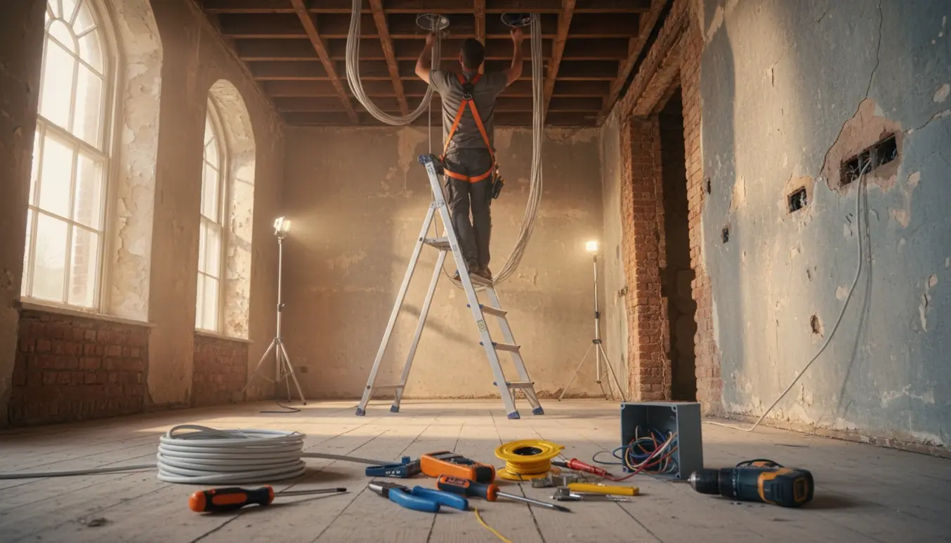Elektriker trækker kabler i loftet i en gammel bygning med værktøj på gulvet.