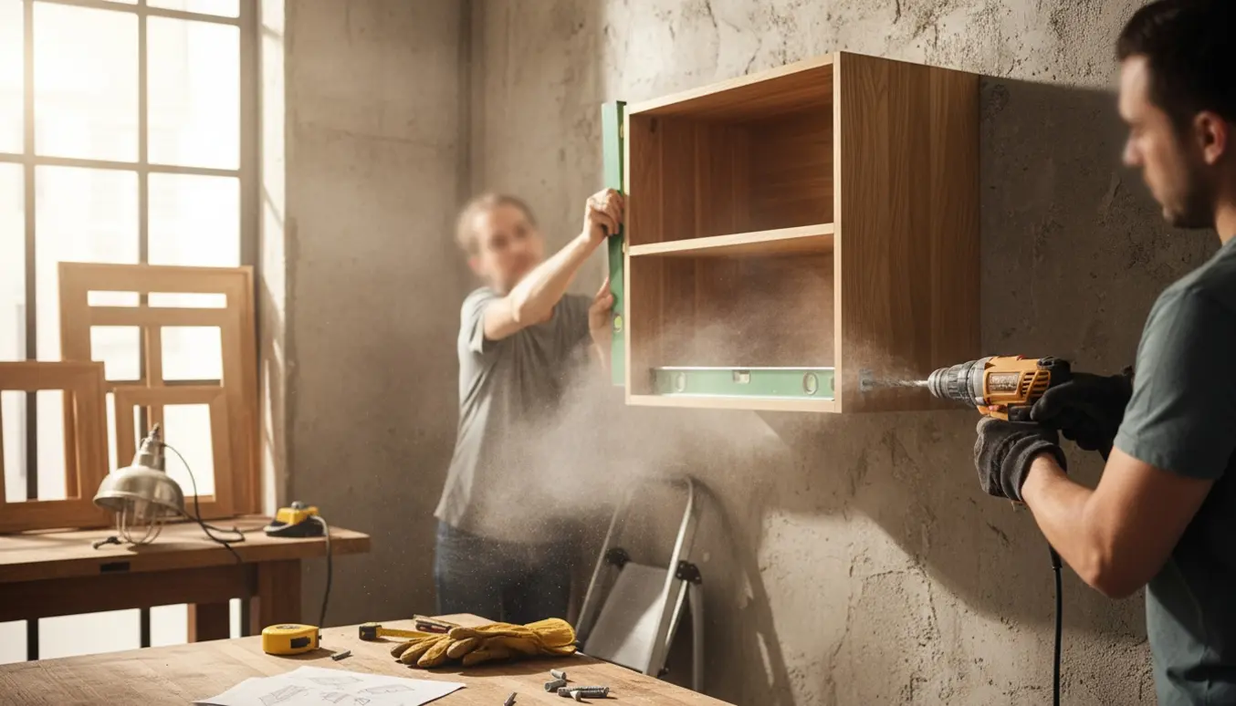 Værktøj og hænder monterer et vægskab og ophænger billeder på en betonvæg med boremaskine.