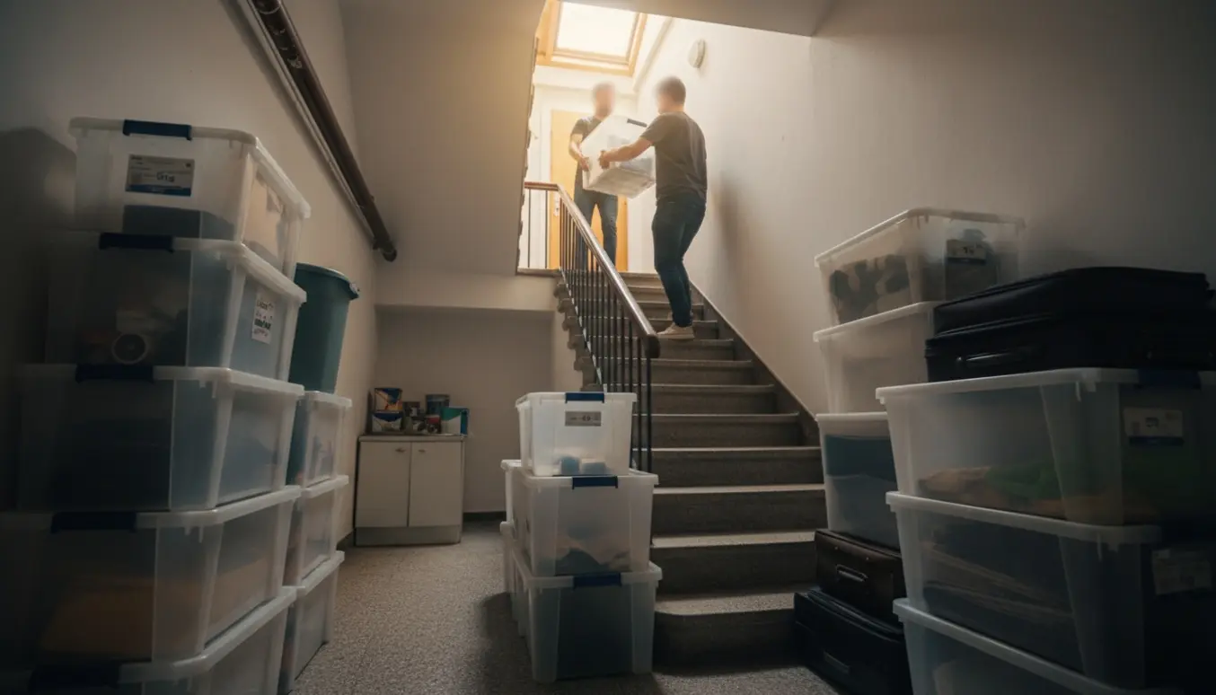Flyttescene i en smal trappe med stabler af plastikbokse og kufferter på vej fra kælder til 5. sal.