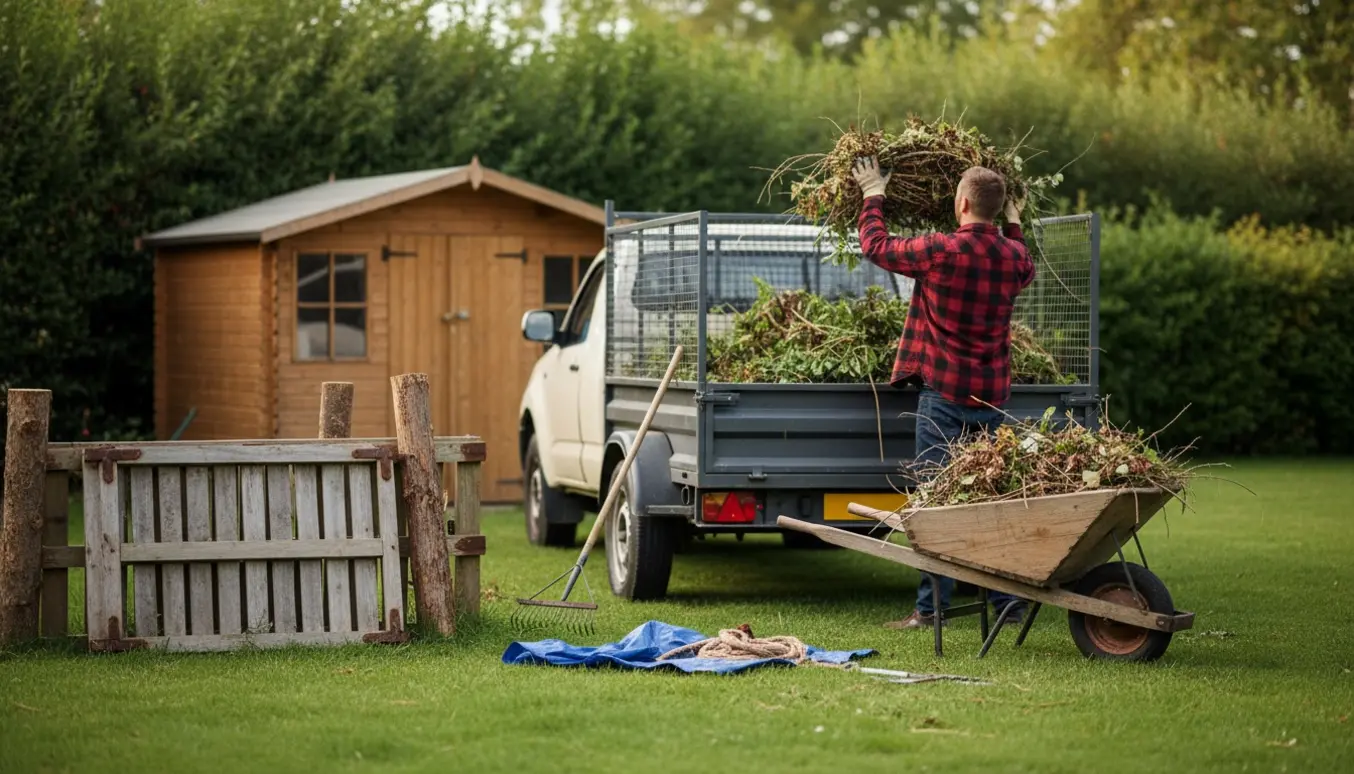 Trillebør og trailer fyldt med haveaffald og gamle hegnssektioner ved et skur, klar til bortkørsel.