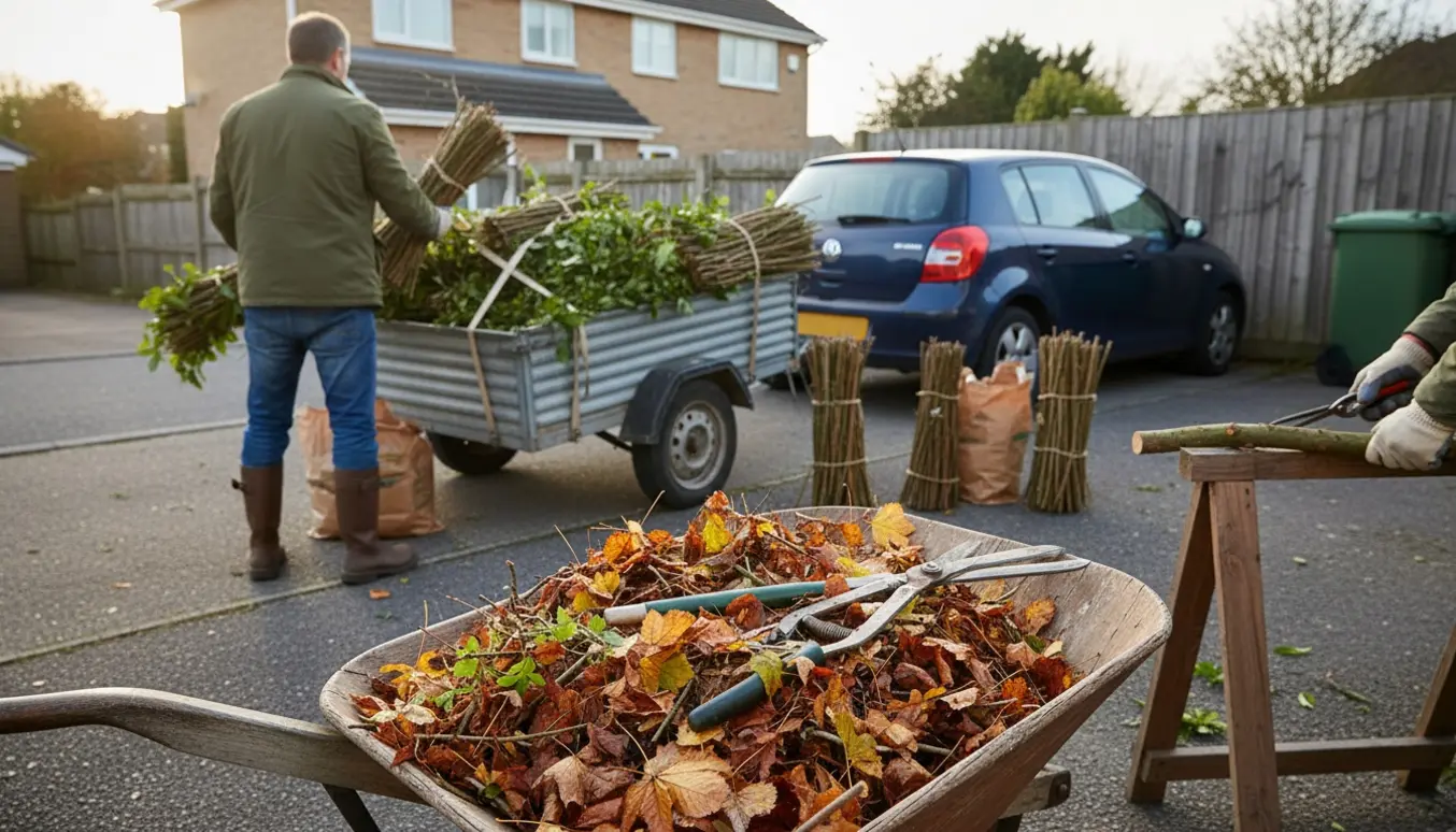 Trailer og trillebør fyldt med haveaffald ved indkørsel, klar til aflevering.