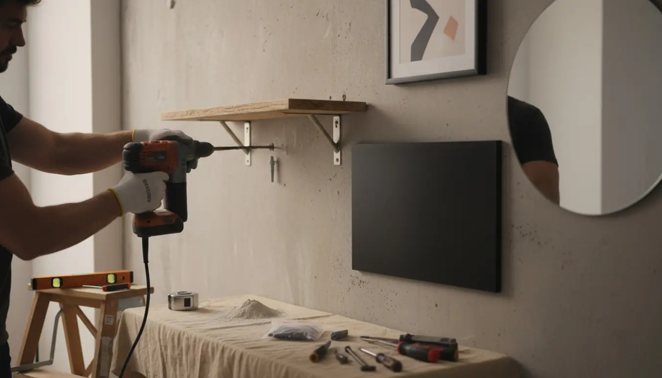 Hænder monterer hylde, skruer og rawlplugs på en betonvæg med spejl og billedrammer i baggrunden.