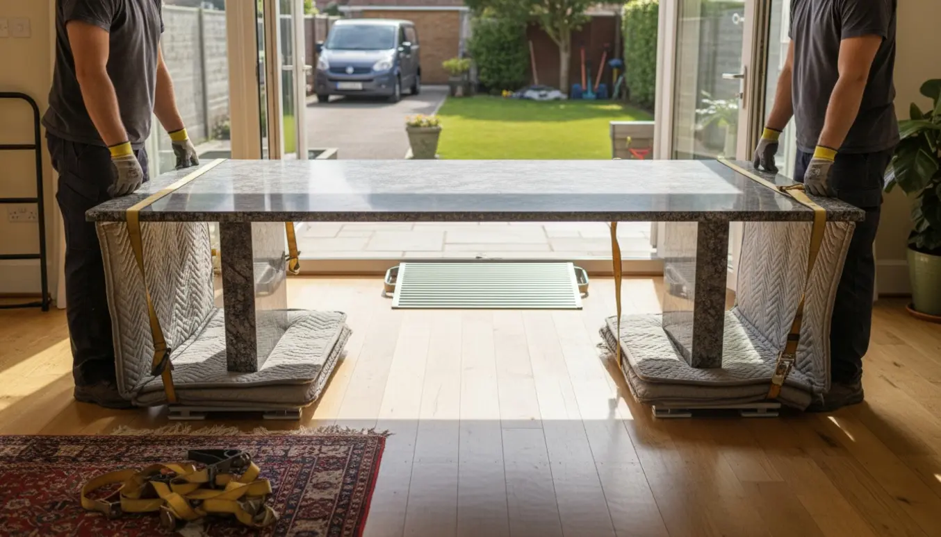 Et stort poleret granitspisebord bæres gennem terrassedør fra have ind i stuen med flyttetæpper og udstyr.