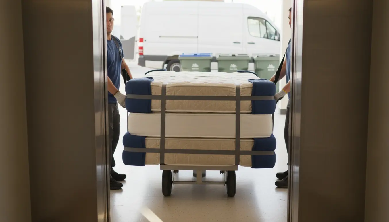 Tre madrasser bæres gennem en åben elevator mod en ventende varebil for afhentning.