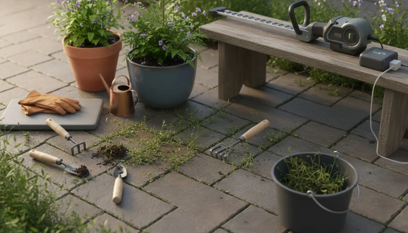 Nærbillede af fliser med fjernet ukrudt, haveredskaber og tilplantede krukker i blødt morgenlys.