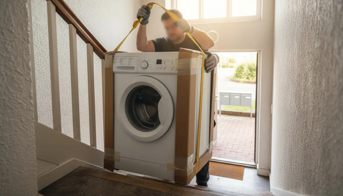 To personer bærer en gammel vaskemaskine ned ad en trappe mod postkasser udenfor.