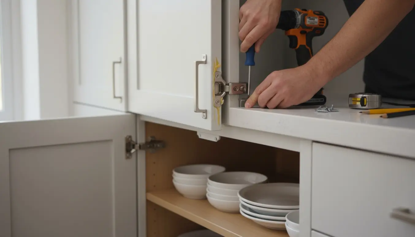 En hånd justerer et løst hængsel på en skævt monteret indbygget køleskabsdør i et moderne køkken.