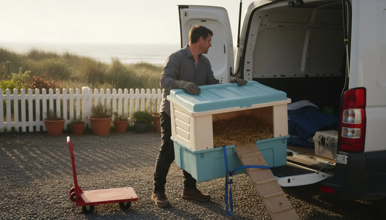 Et lille plastik hønsehus bliver sikret og læsset ind i en varebil ved en kystnær villa.