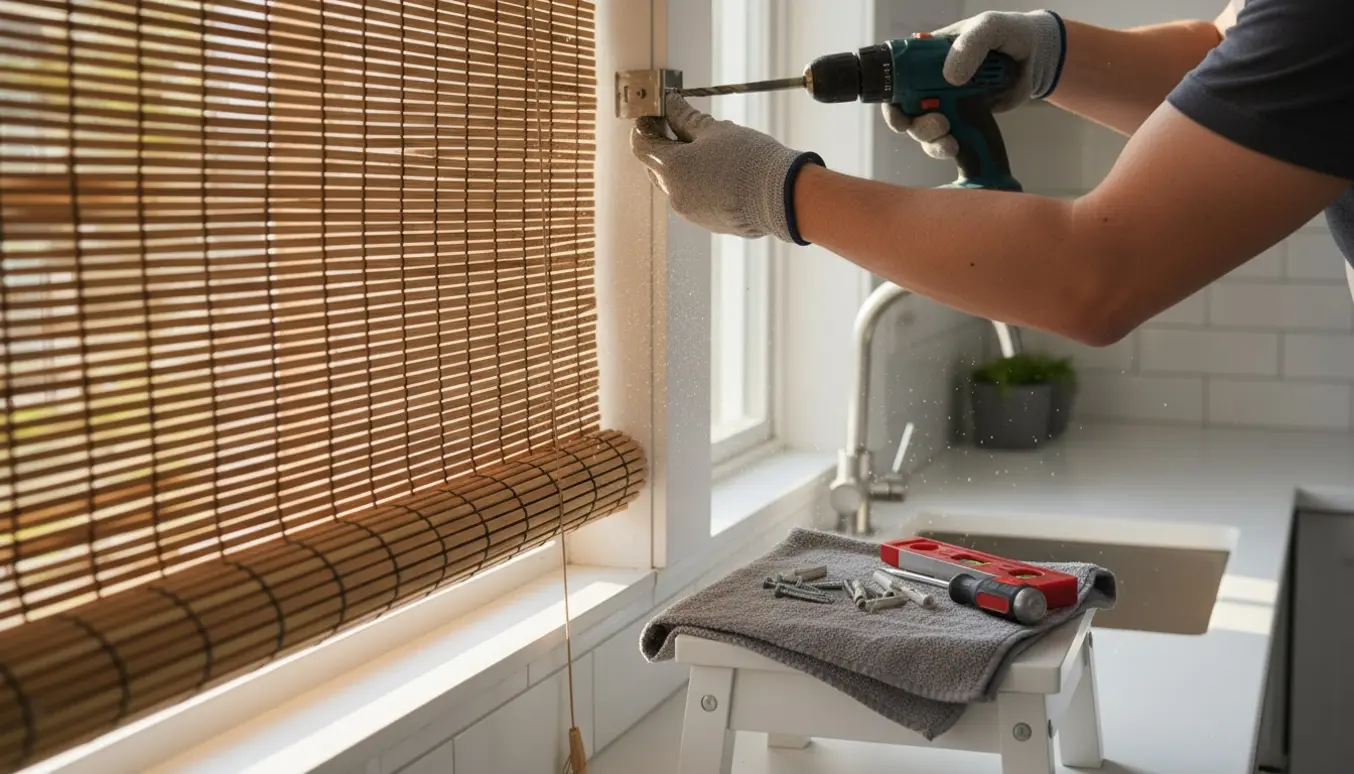 En hånd bruger en boremaskine til at montere et bambusgardin i et lyst køkken.