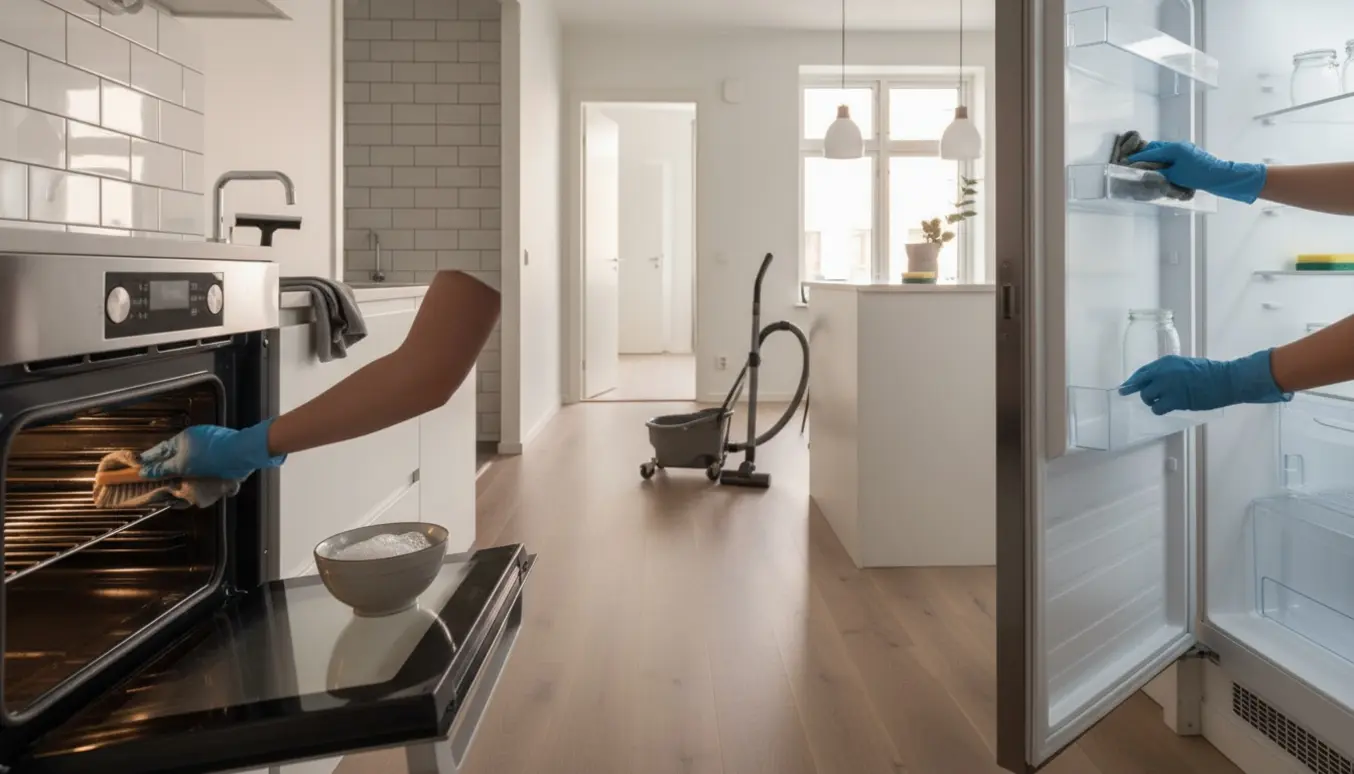 Hænder med rengøringshandsker tørrer en åben ovn og pudser køleskabet af i en lys, ryddelig lejlighed med rengøringsudstyr i baggrunden.