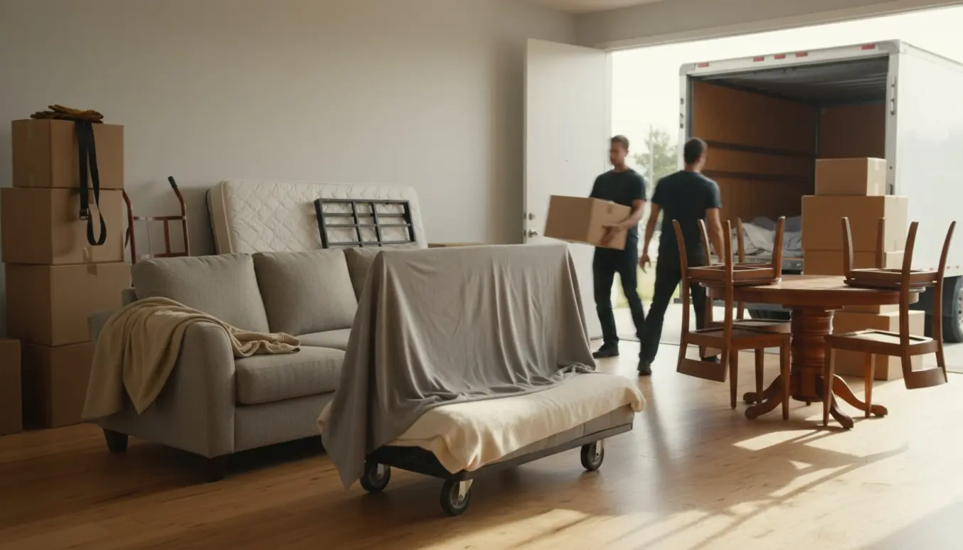 Soloplyst flyttescene i lejlighed med sofa, seng, spisebord, stakke flyttekasser og åben flyttevogn.