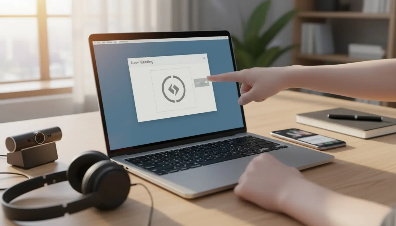 Bærbar med kalenderåbning uden online-møde-link, hænder ved tastatur og headset på bordet.